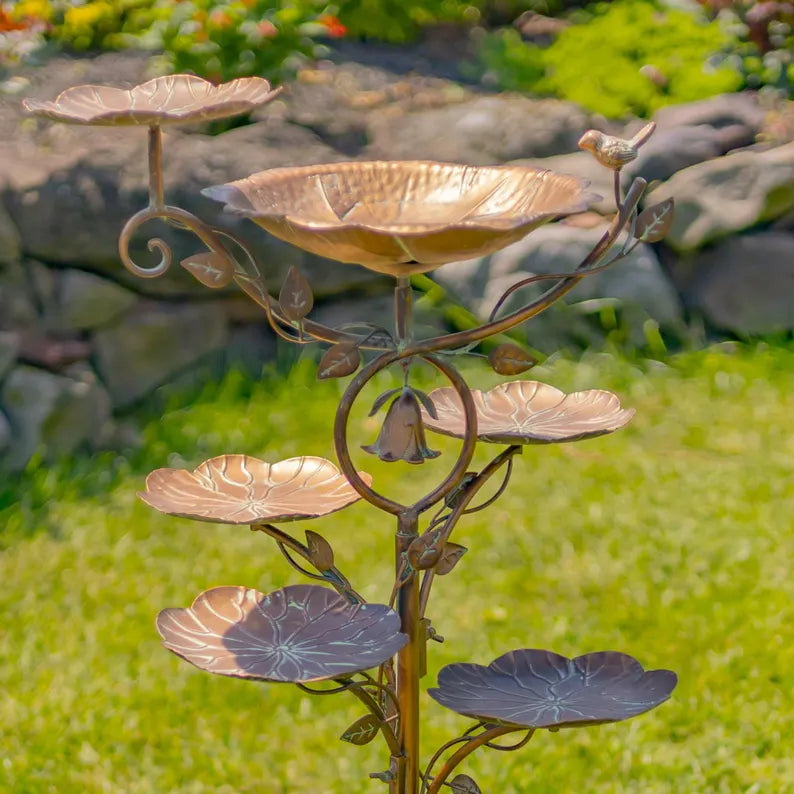 43.75" Tall Multi-Tier Blossom-Shaped Iron Birdbath Garden Stake "Camellia"