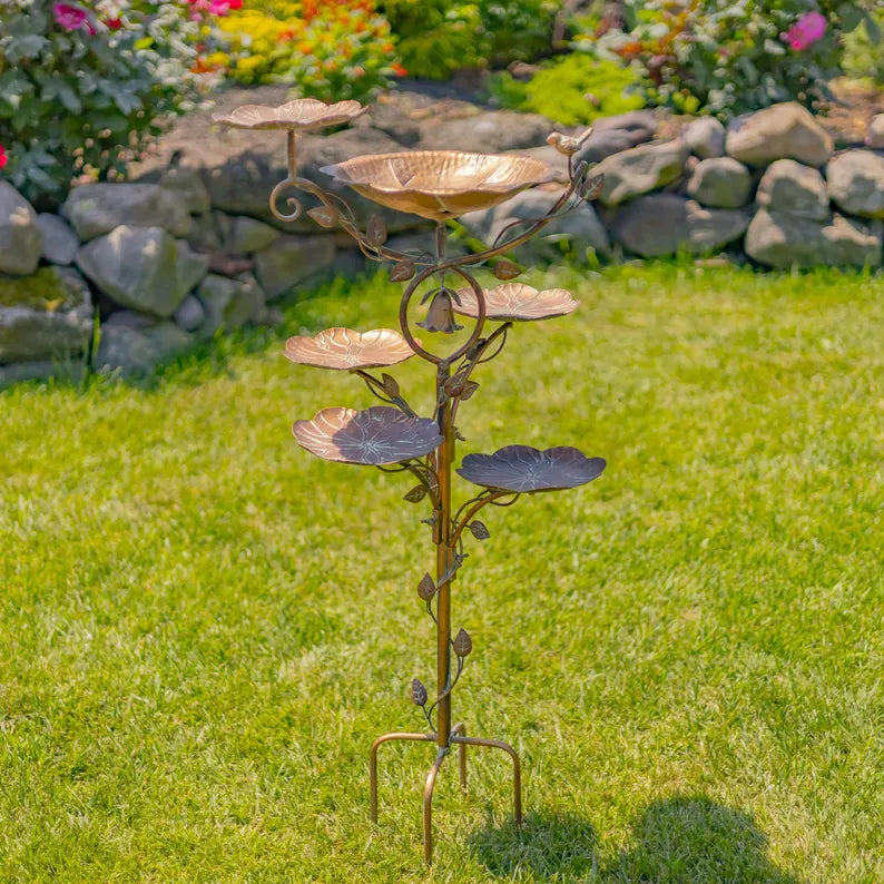 43.75" Tall Multi-Tier Blossom-Shaped Iron Birdbath Garden Stake "Camellia"